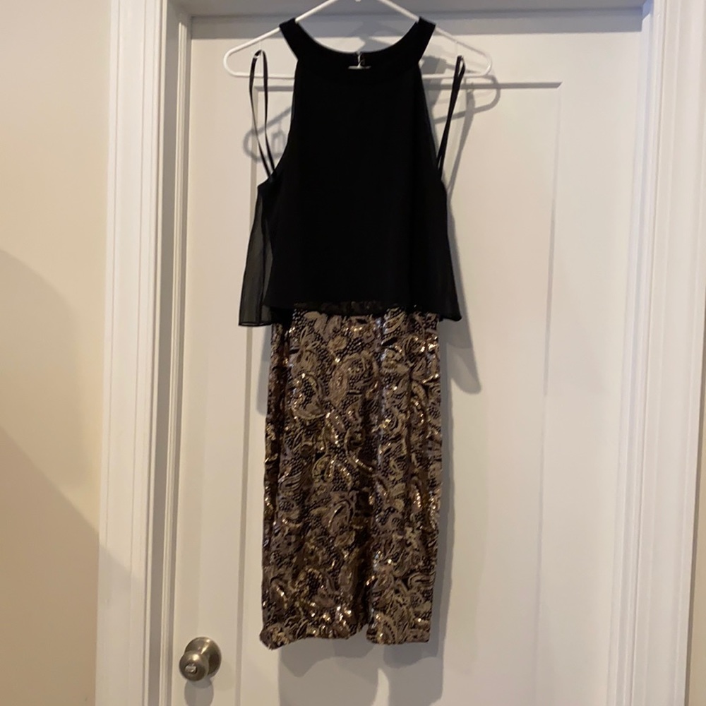 Beaded skirt black top with sheer overlay halter dress